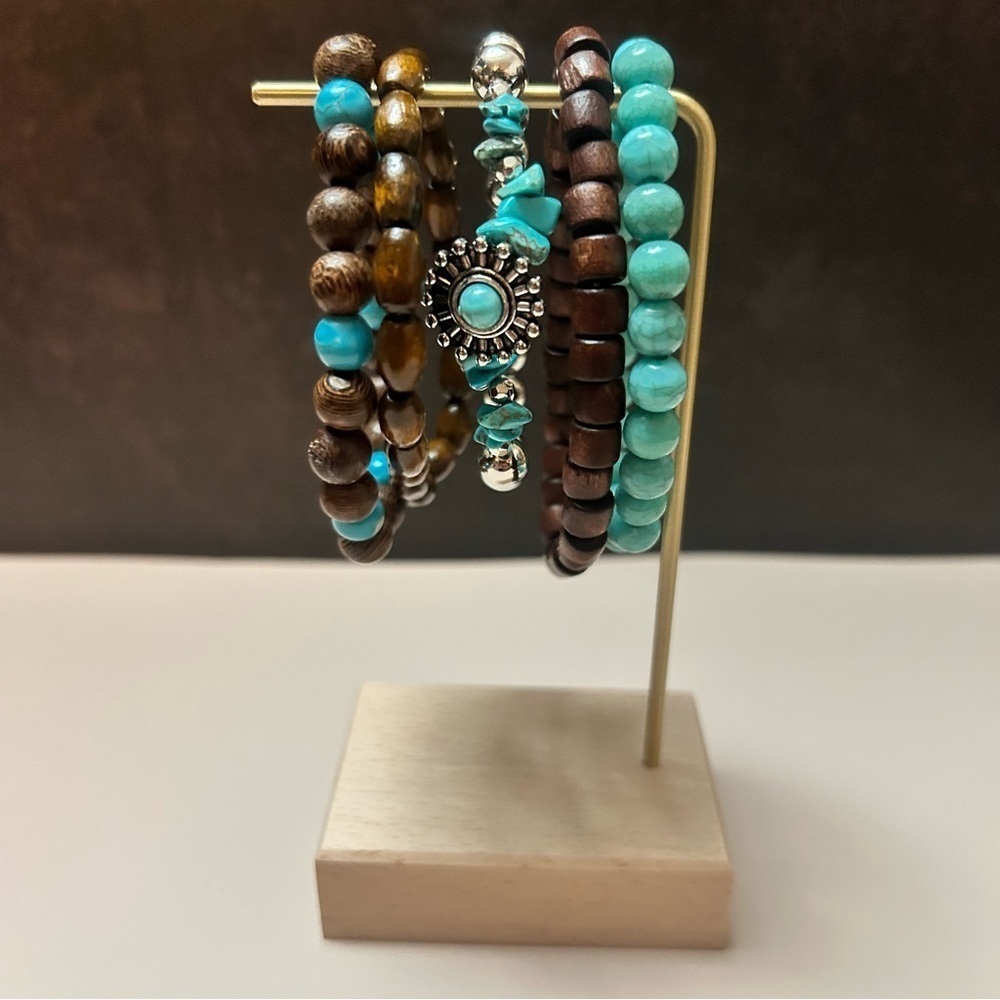 5 Piece Turquoise Brown Silver Beaded Bracelet Set